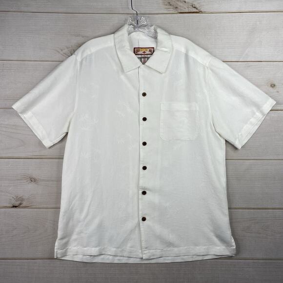 Caribbean Joe Camp Shirt Mens M White Embroidered Floral Button Up Short Sleeve - Picture 1 of 7